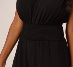 Adrianna Papell Sleeveless Smocked Jumpsuit With V-Neckline In Black -Allure Attire AP1D105285 AA002 Regular Lifestyle