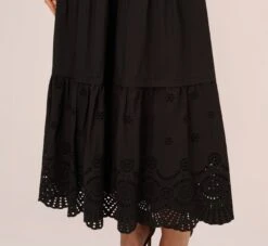 Adrianna Papell Eyelet Maxi Dress With Scalloped Short Sleeves In Black -Allure Attire AP1D105318 AA002 Regular Lifestyle
