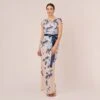 Adrianna Papell Short Sleeve Floral Embroidered Gown With Ribbon Tie Waist In Midnight Multi Nude