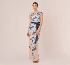 Adrianna Papell Short Sleeve Floral Embroidered Gown With Ribbon Tie Waist In Midnight Multi Nude