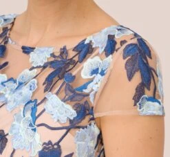 Adrianna Papell Short Sleeve Floral Embroidered Gown With Ribbon Tie Waist In Midnight Multi Nude -Allure Attire AP1E201621 BV980 Regular Lifestyle