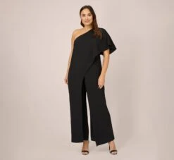 Adrianna Papell Plus Size Flutter One Shoulder Jumpsuit In Black