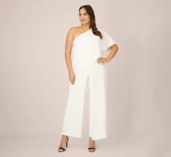 Adrianna Papell Plus Size Flutter One Shoulder Jumpsuit In Ivory