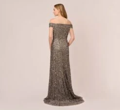 Adrianna Papell Off The Shoulder Sequin Beaded Gown In Lead -Allure Attire AP1E201971 AB241 Regular Back