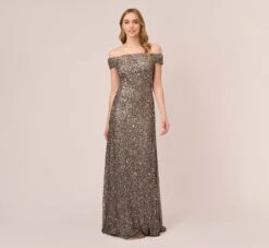 Adrianna Papell Off The Shoulder Sequin Beaded Gown In Lead
