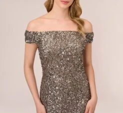 Adrianna Papell Off The Shoulder Sequin Beaded Gown In Lead -Allure Attire AP1E201971 AB241 Regular Detail
