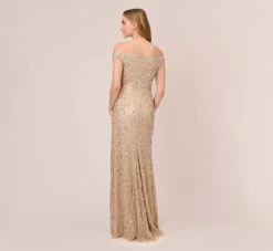 Adrianna Papell Off The Shoulder Sequin Beaded Gown In Champagne -Allure Attire AP1E201971 AB273 Regular Back