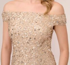 Adrianna Papell Off The Shoulder Sequin Beaded Gown In Champagne -Allure Attire AP1E201971 AB273 Regular Detail
