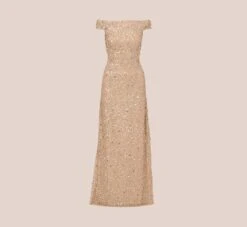 Adrianna Papell Off The Shoulder Sequin Beaded Gown In Champagne -Allure Attire AP1E201971 AB273 Regular Flat