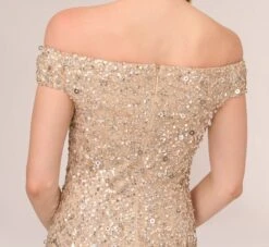 Adrianna Papell Off The Shoulder Sequin Beaded Gown In Champagne -Allure Attire AP1E201971 AB273 Regular Lifestyle