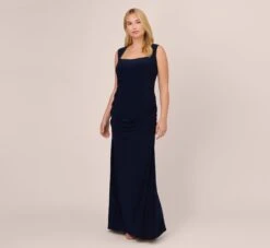 Adrianna Papell Plus Size Draped Jersey Gown With Open Back In Midnight