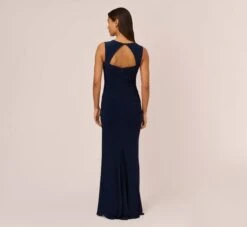 Adrianna Papell Draped Jersey Gown With Open Back In Midnight 8 Adrianna Papell Draped Jersey Gown With Open Back In Midnight -Allure Attire AP1E202255 AB411 Regular Back