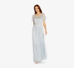 Adrianna Papell Floral Sequin Boho Gown With Lace Up Flutter Short Sleeves In Glacier -Allure Attire AP1E202943 AF482 Regular Alternate