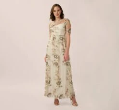 Adrianna Papell Sheer Short Sleeve Lace Gown With Rose Embroidery In Mink Multi