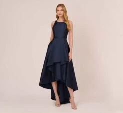 Adrianna Papell High Low Mikado Gown With Asymmetrical Detail In Midnight