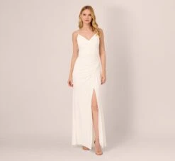Adrianna Papell Draped Matte Jersey Gown With Deep Slit And Spaghetti Straps In Ivory