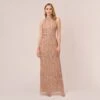 Adrianna Papell Beaded Column Gown With Mock Neckline In Rose Gold