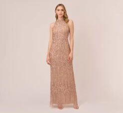 Adrianna Papell Beaded Column Gown With Mock Neckline In Rose Gold