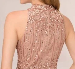 Adrianna Papell Beaded Column Gown With Mock Neckline In Rose Gold -Allure Attire AP1E204499 AA958 Regular Lifestyle