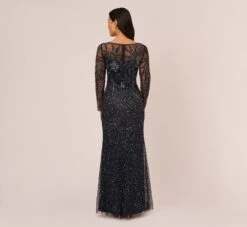 Adrianna Papell Floral Beaded Dress With Sheer Long Sleeves In Midnight 9 Adrianna Papell Floral Beaded Dress With Sheer Long Sleeves In Midnight -Allure Attire AP1E205390 AB411 Regular Back