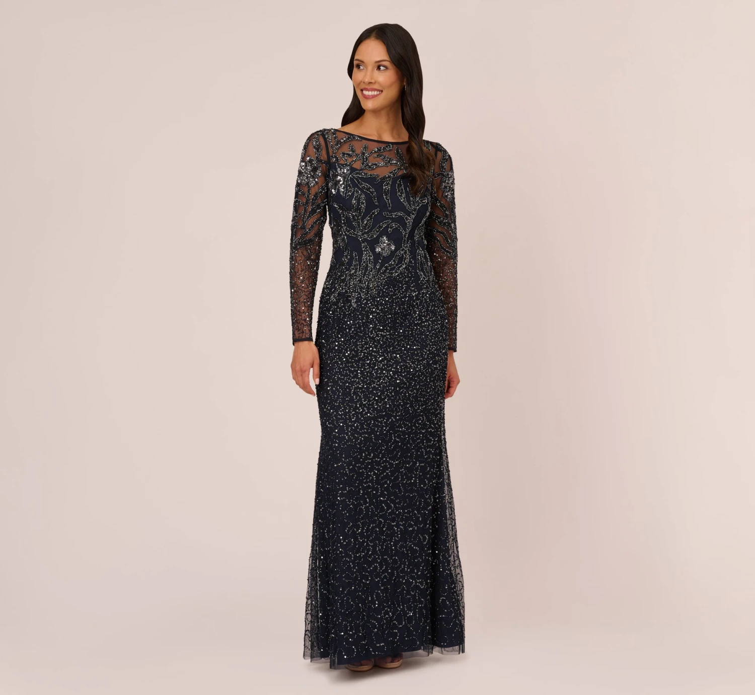 Adrianna Papell Floral Beaded Dress With Sheer Long Sleeves In Midnight 1 Adrianna Papell Floral Beaded Dress With Sheer Long Sleeves In Midnight