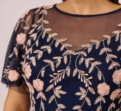 Adrianna Papell Plus Size Floral Beaded Dress With Sheer Flutter Sleeves In Navy Blush -Allure Attire AP1E205858 AX412 Plus Detail