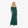Adrianna Papell Off The Shoulder Dress With Cascading Ruffle Detail In Dusty Emerald