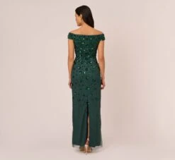 Adrianna Papell Off Shoulder Dress With Floral Embellishment In Dusty Emerald -Allure Attire AP1E207584 AA302 Regular Back