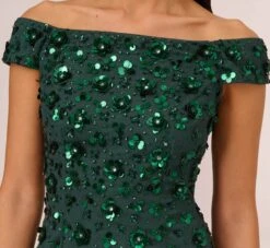 Adrianna Papell Off Shoulder Dress With Floral Embellishment In Dusty Emerald -Allure Attire AP1E207584 AA302 Regular Lifestyle