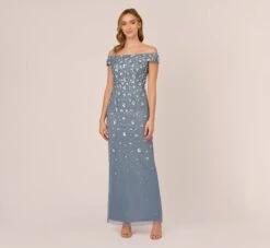 Adrianna Papell Off Shoulder Dress With Floral Embellishment In Vintage Blue