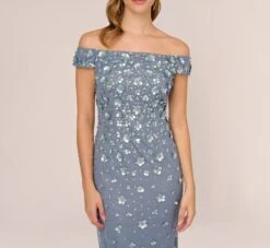 Adrianna Papell Off Shoulder Dress With Floral Embellishment In Vintage Blue -Allure Attire AP1E207584 AC466 Regular Detail