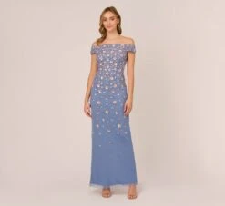 Adrianna Papell Off Shoulder Dress With Floral Embellishment In French Blue Coral