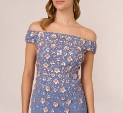 Adrianna Papell Off Shoulder Dress With Floral Embellishment In French Blue Coral -Allure Attire AP1E207584 AK454 Regular Detail