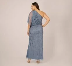 Adrianna Papell Plus Size Draped One Shoulder Dress With Sequin Detail In Dusty Blue -Allure Attire AP1E207598 AA463 Plus Back
