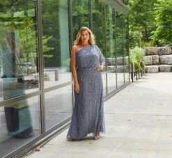 Adrianna Papell Plus Size Draped One Shoulder Dress With Sequin Detail In Dusty Blue -Allure Attire AP1E207598 AA463 Plus Lifestyle
