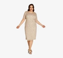 Adrianna Papell Plus Size Beaded Cocktail Dress In Biscotti -Allure Attire AP1E207750 AG273 Plus Alternate
