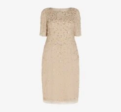 Adrianna Papell Plus Size Beaded Cocktail Dress In Biscotti -Allure Attire AP1E207750 AG273 Plus Flat