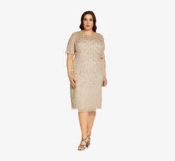 Adrianna Papell Plus Size Beaded Cocktail Dress In Biscotti -Allure Attire AP1E207750 AG273 Plus Side