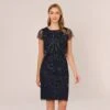 Adrianna Papell Short Sleeve Beaded Cocktail Dress With Popover In Midnight