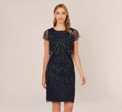 Adrianna Papell Short Sleeve Beaded Cocktail Dress With Popover In Midnight
