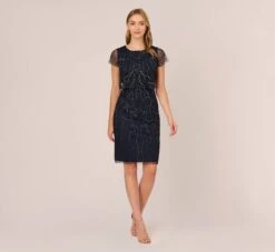 Adrianna Papell Short Sleeve Beaded Cocktail Dress With Popover In Midnight -Allure Attire AP1E207775 AG410 Regular Front