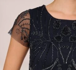 Adrianna Papell Short Sleeve Beaded Cocktail Dress With Popover In Midnight -Allure Attire AP1E207775 AG410 Regular Lifestyle