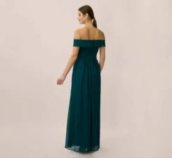 Adrianna Papell Off The Shoulder Crepe Chiffon Gown With Soft Skirt In Hunter -Allure Attire AP1E207939 AE303 Regular Back