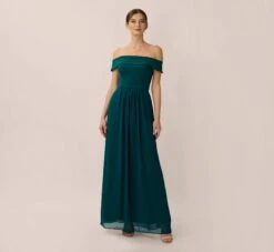 Front Page 13 Adrianna Papell Off The Shoulder Crepe Chiffon Gown With Soft Skirt In Hunter