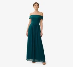 Adrianna Papell Off The Shoulder Crepe Chiffon Gown With Soft Skirt In Hunter -Allure Attire AP1E207939 AE303 Regular Default c1d5796a fe1d 495b 83fe 58e5d099be7d