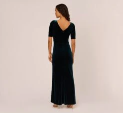 Adrianna Papell Shirred Velvet Gown With Elbow-Length Sleeves In Emerald 9 Adrianna Papell Shirred Velvet Gown With Elbow-Length Sleeves In Emerald -Allure Attire AP1E208255 AA321 Regular Back