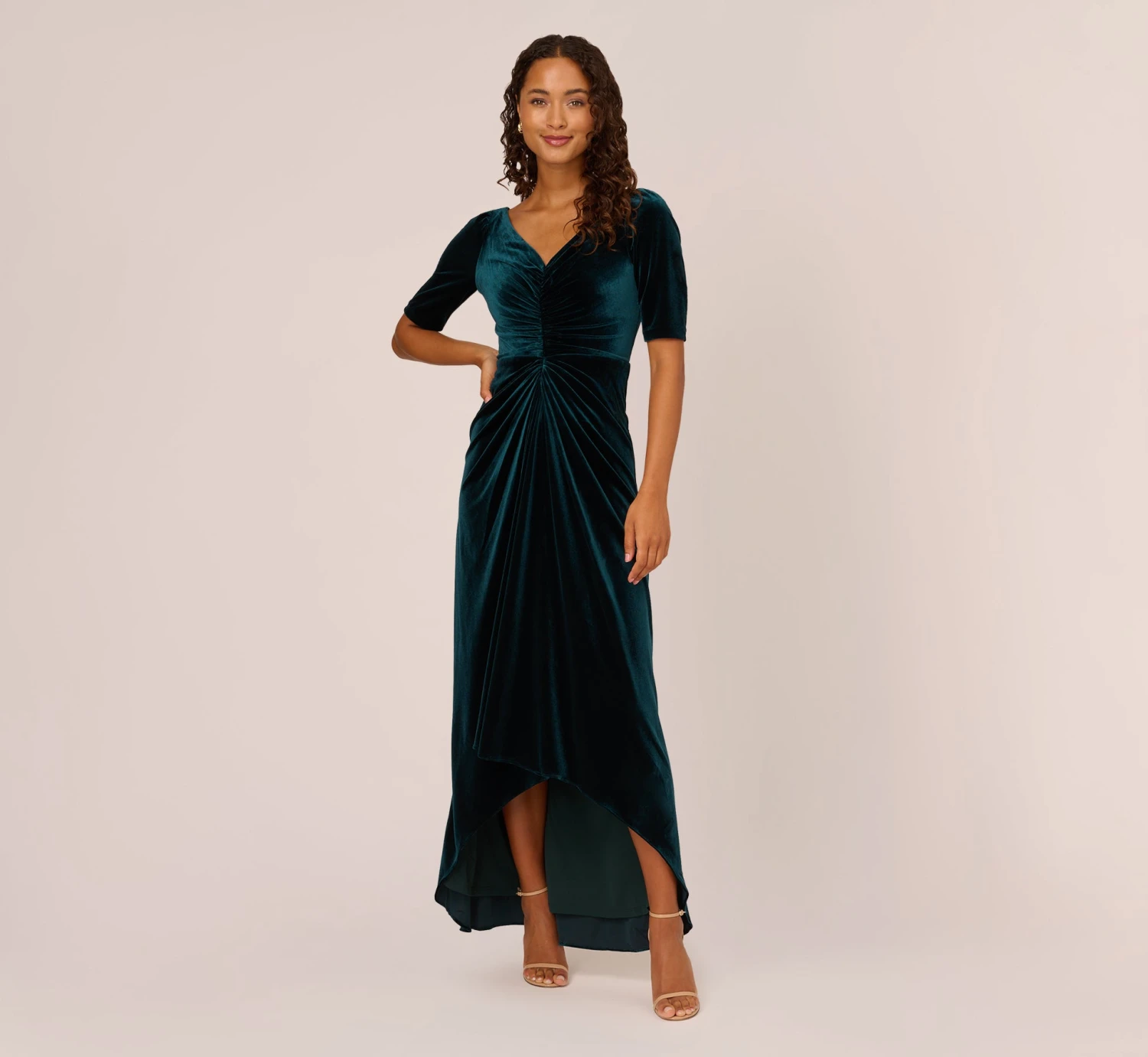 Adrianna Papell Shirred Velvet Gown With Elbow-Length Sleeves In Emerald 1 Adrianna Papell Shirred Velvet Gown With Elbow-Length Sleeves In Emerald