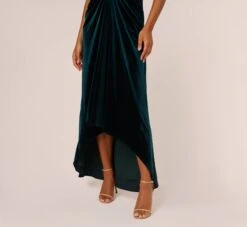 Adrianna Papell Shirred Velvet Gown With Elbow-Length Sleeves In Emerald 10 Adrianna Papell Shirred Velvet Gown With Elbow-Length Sleeves In Emerald -Allure Attire AP1E208255 AA321 Regular Lifestyle