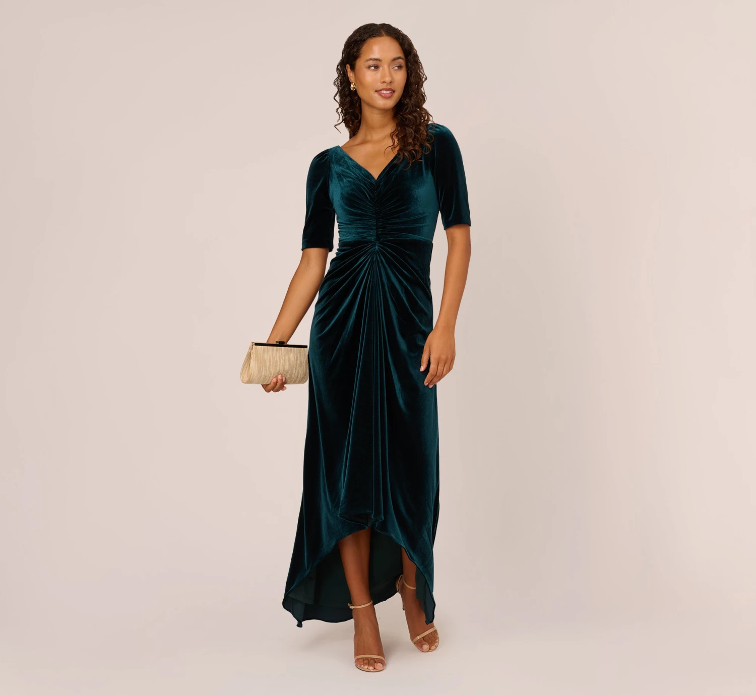 Adrianna Papell Shirred Velvet Gown With Elbow-Length Sleeves In Emerald 2 Adrianna Papell Shirred Velvet Gown With Elbow-Length Sleeves In Emerald - Image 2