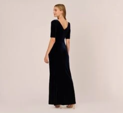 Adrianna Papell Shirred Velvet Gown With Elbow-Length Sleeves In Midnight -Allure Attire AP1E208255 AB411 Regular Back